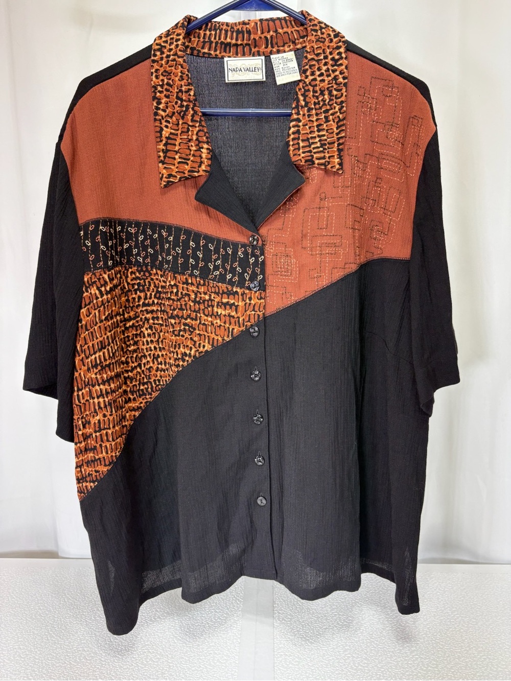 Napa Valley Black and Rust Patchwork Short-Sleeve Blouse 3950